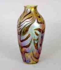 An iridescent vase with tiger-like prints