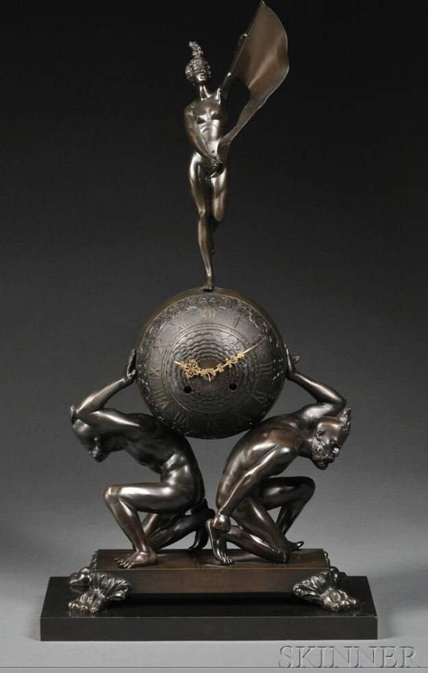 A sculpture of two men holding a globe