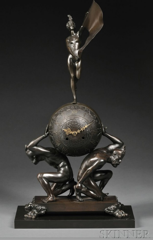 A sculpture of two men holding hands and one is holding the globe.