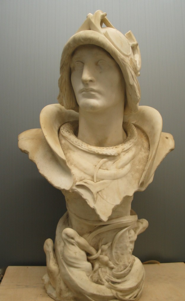 A statue of a man wearing a hood.