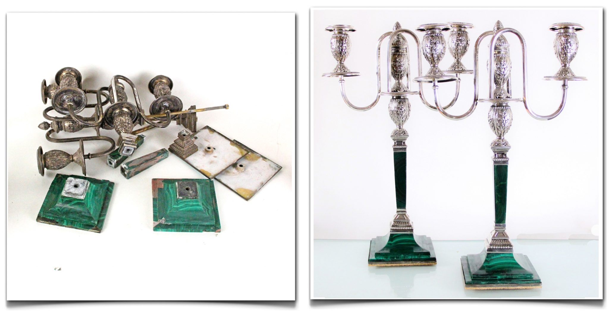 Restoration of Silver and Stone. Antique Candelabras with Russian Silver Marks.