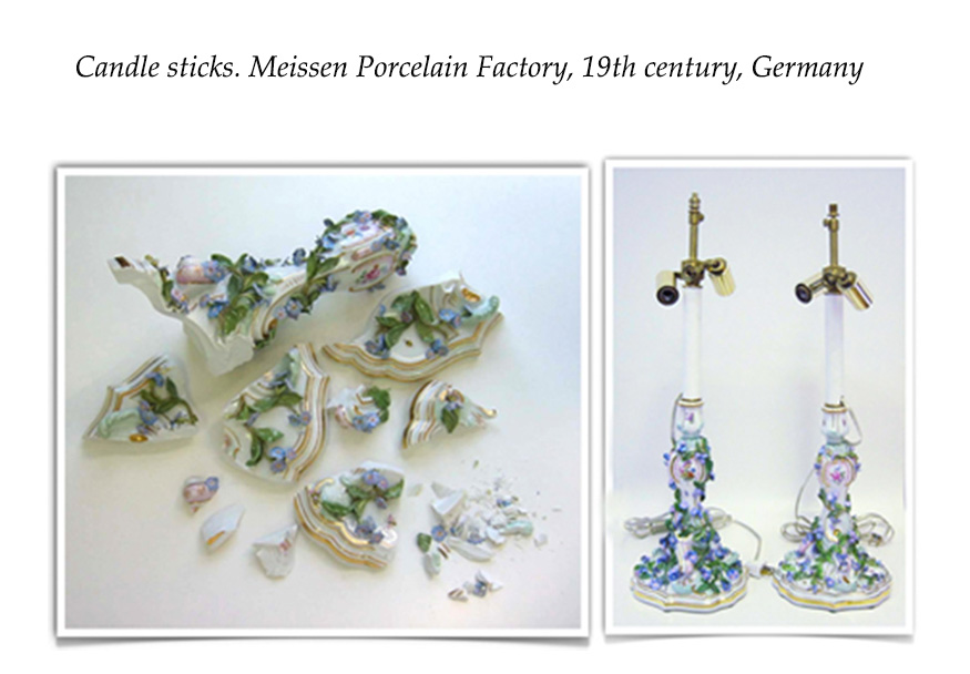 A collage of pictures with porcelain figurines.