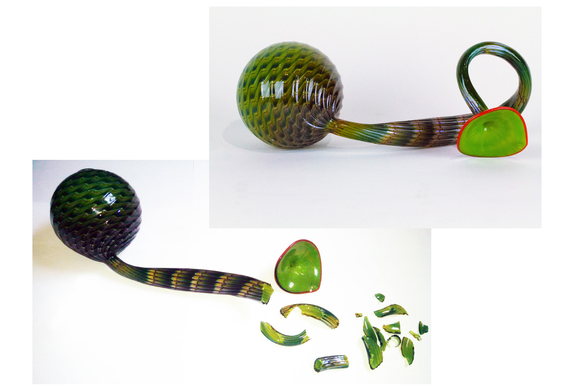 A green snake shaped glass pipe with pieces of it.