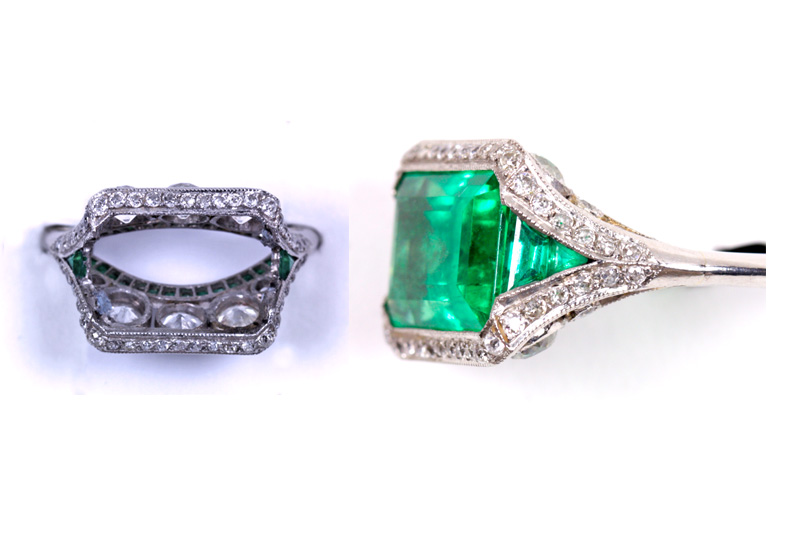 Restoration and Repair of Jewelry. Emeralds and Diamonds are set in Platinum Ring.