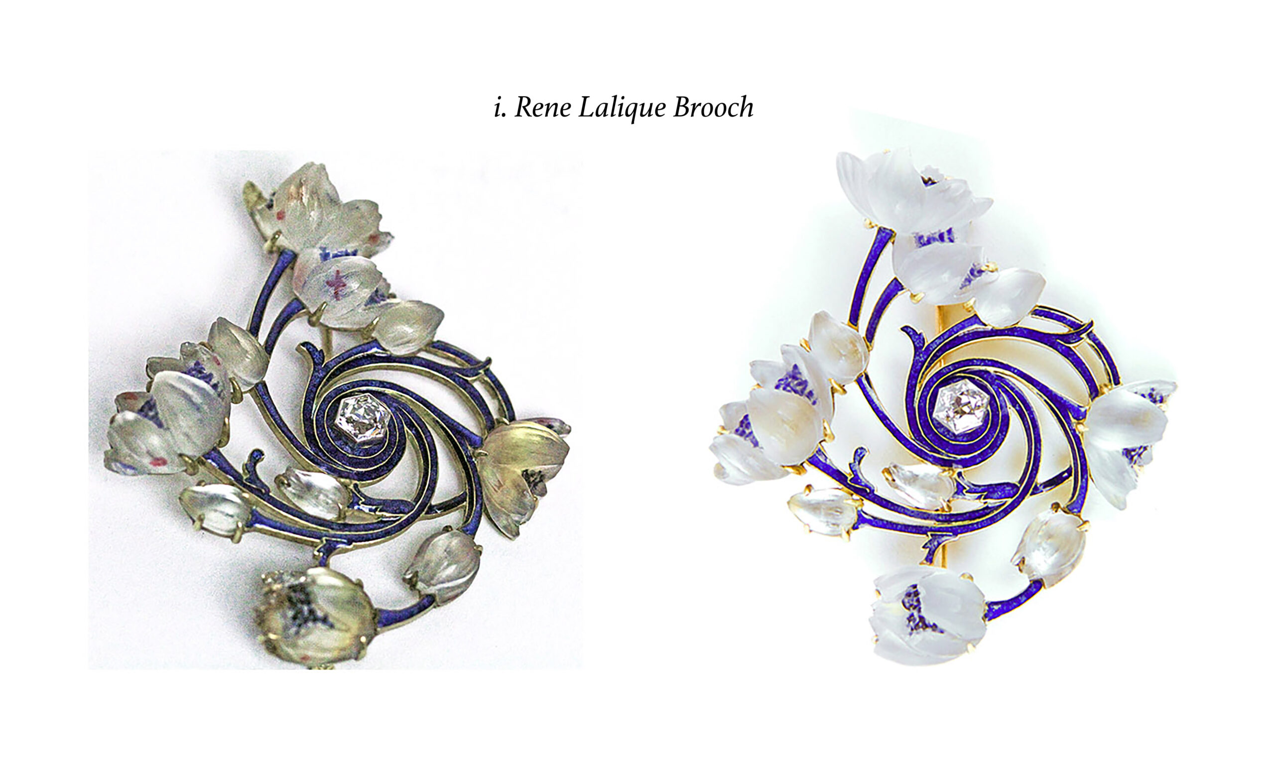 Two images of a brooch with flowers and swirls.