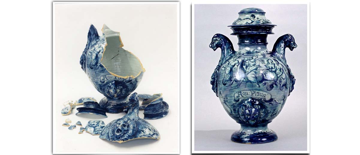 Two blue and white ceramic pieces are shown.