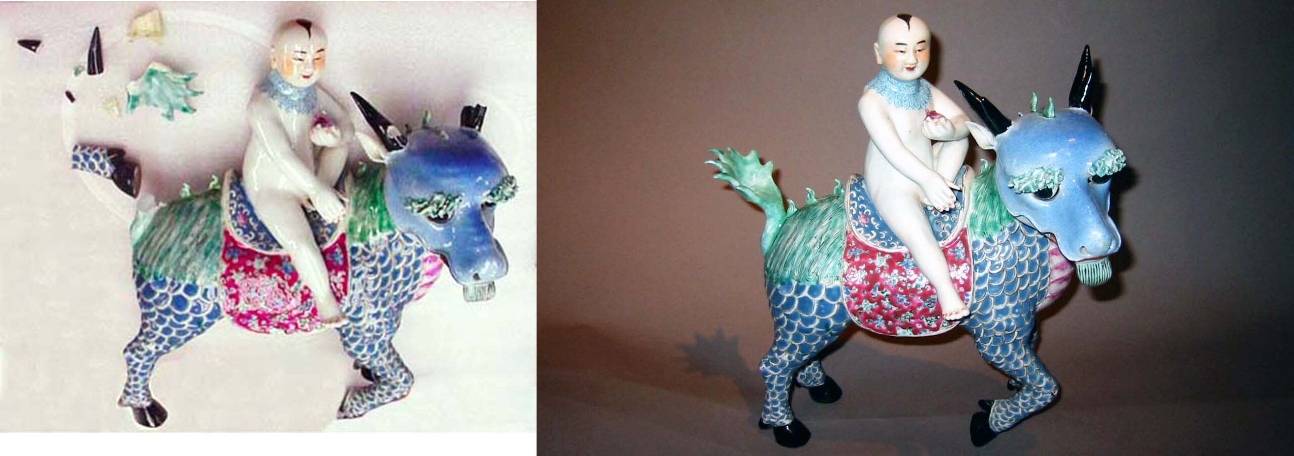 A ceramic horse and a blue cow are on display.