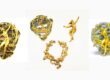 Gold and blue Art Nouveau jewelry pieces.