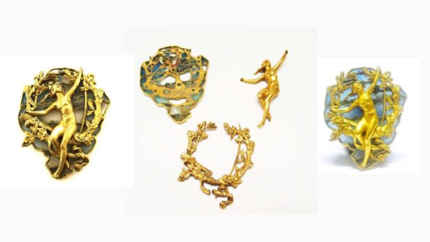 Gold and blue Art Nouveau jewelry pieces.